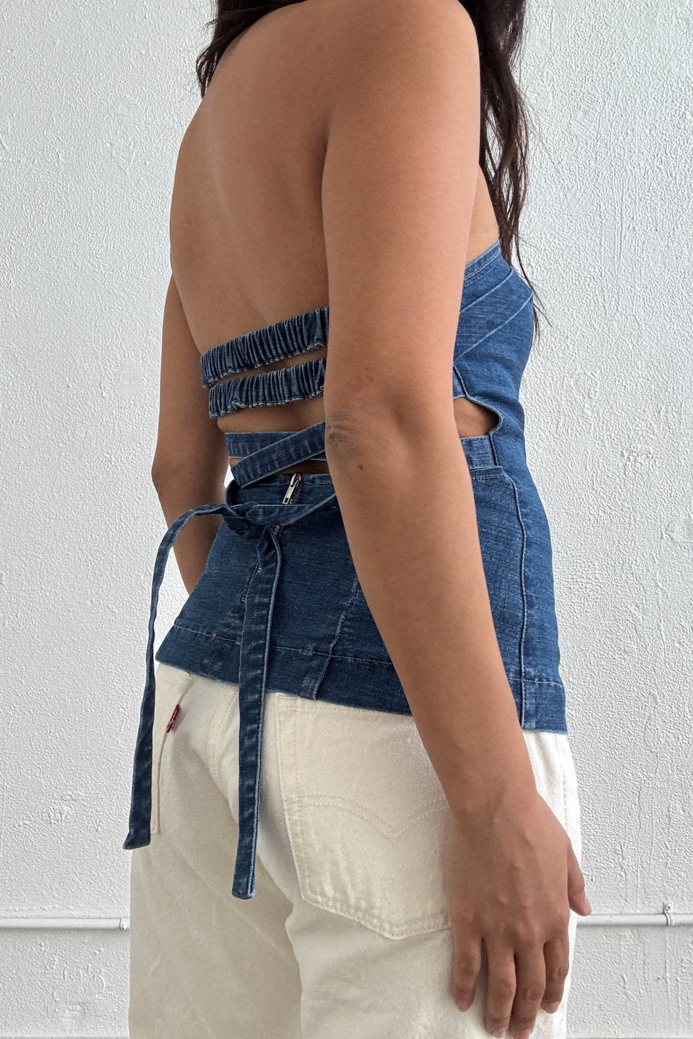 Strapless Lace-Up Back Denim Top