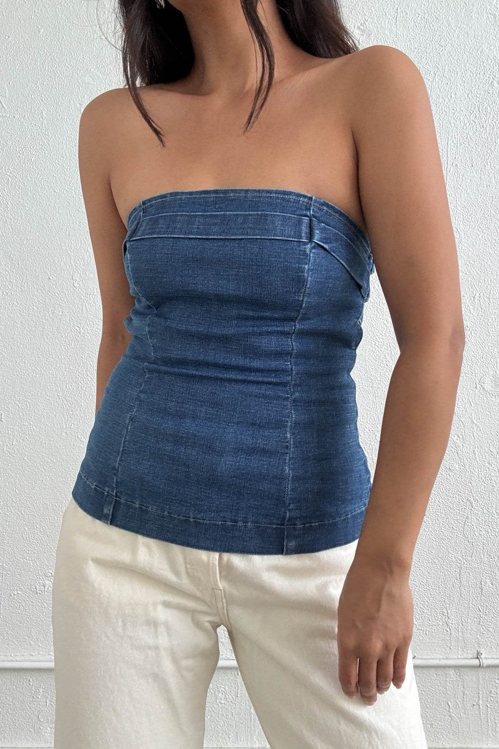 Strapless Lace-Up Back Denim Top