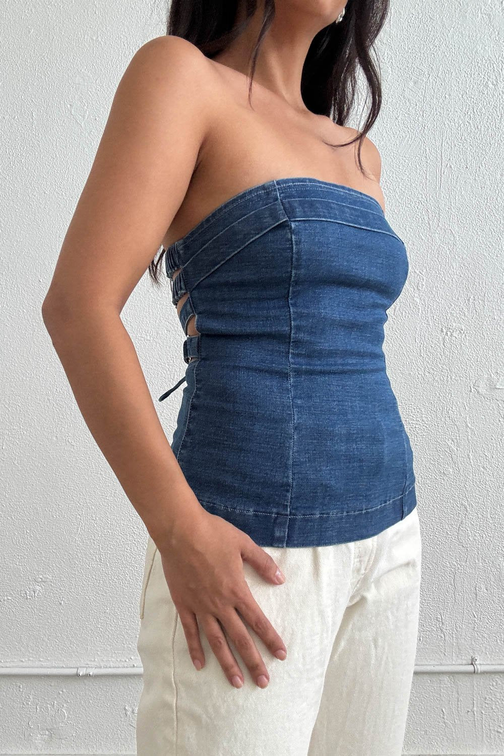 Strapless Lace-Up Back Denim Top