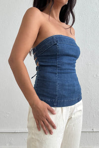 Strapless Lace-Up Back Denim Top