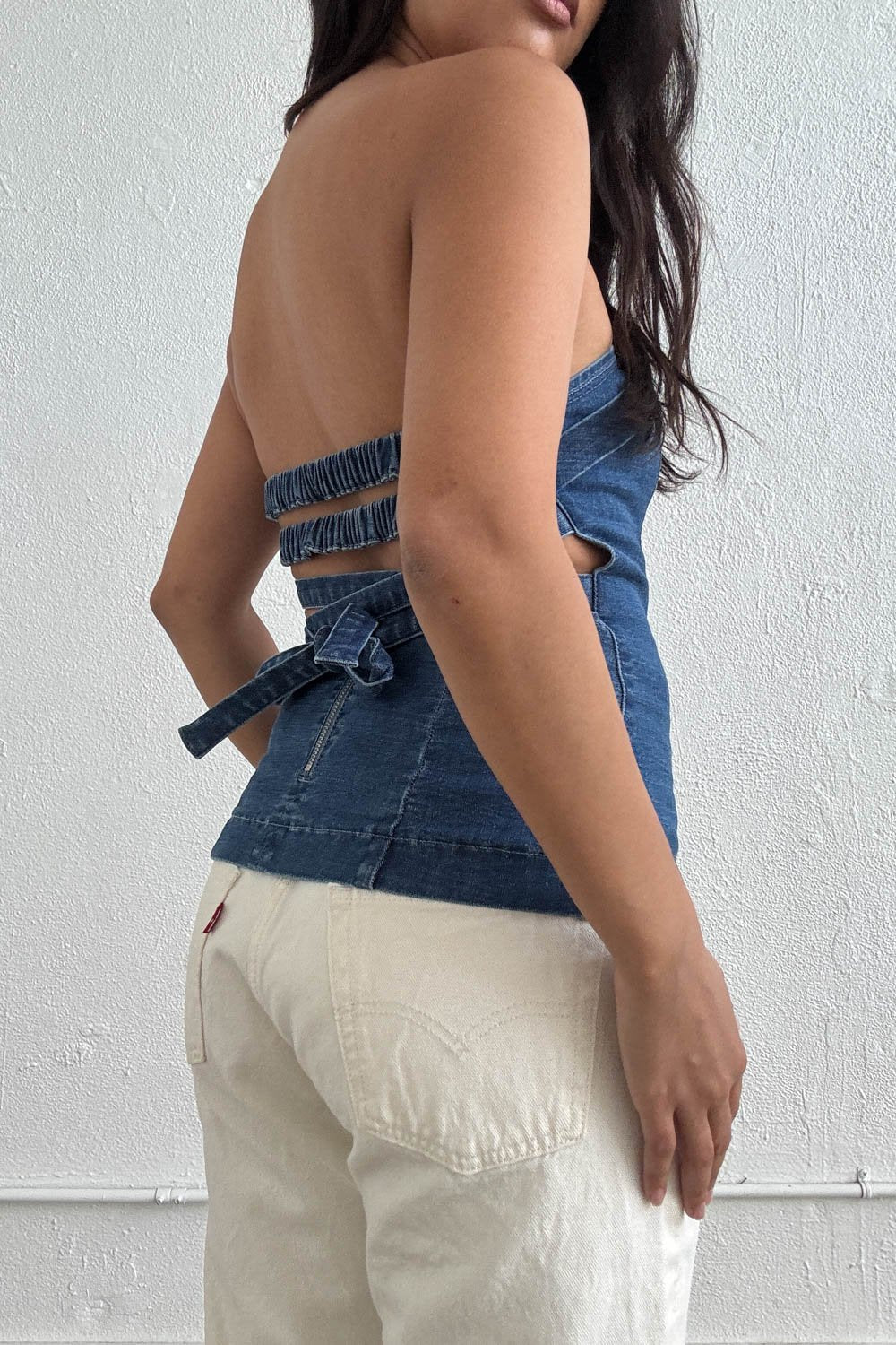 Strapless Lace-Up Back Denim Top