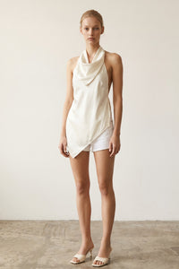 Satin Halter Asymmetric Hem Top W/ Scarf