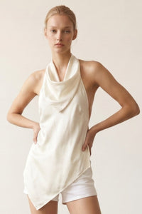 Satin Halter Asymmetric Hem Top W/ Scarf