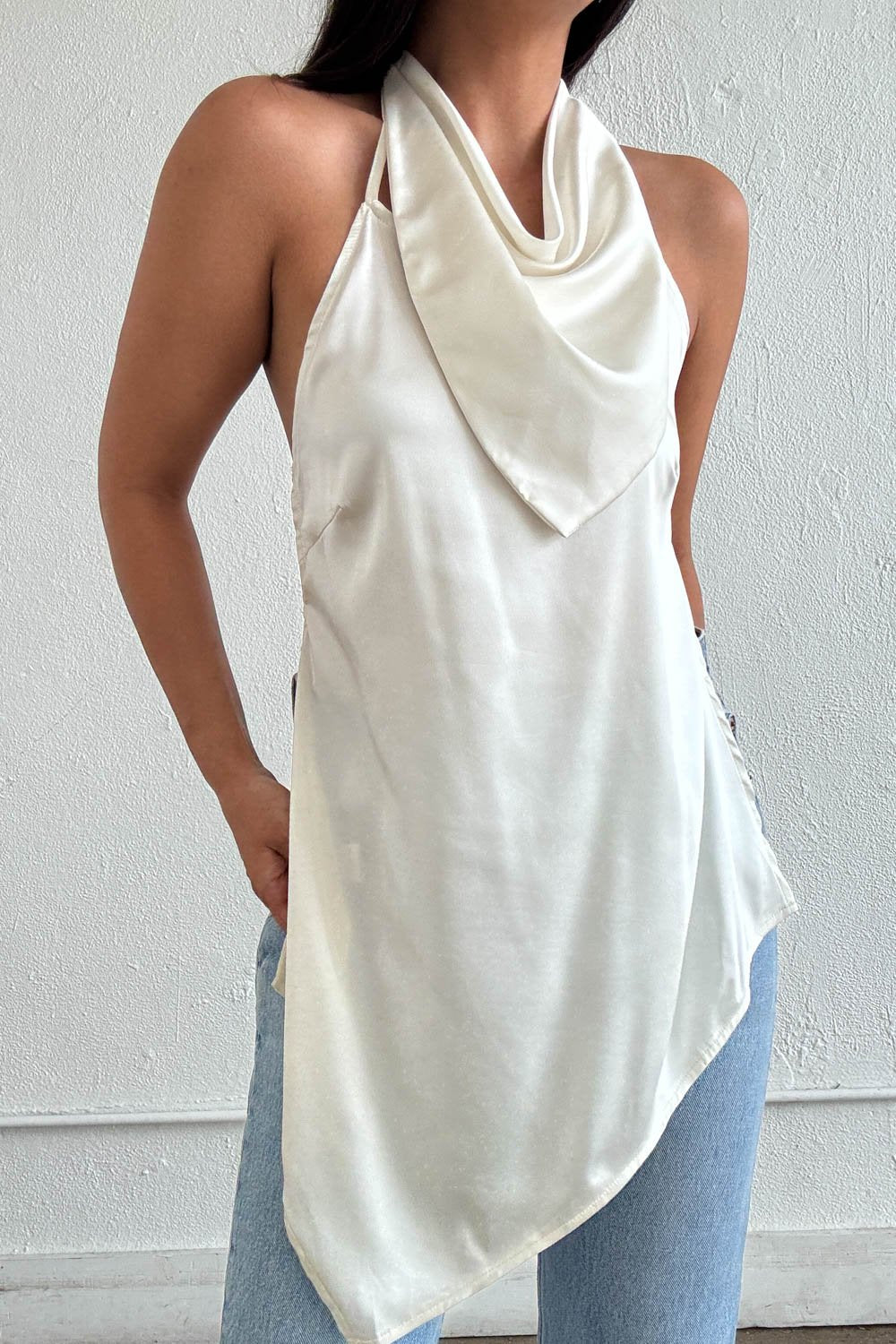 Satin Halter Asymmetric Hem Top W/ Scarf