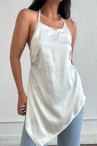 Satin Halter Asymmetric Hem Top W/ Scarf