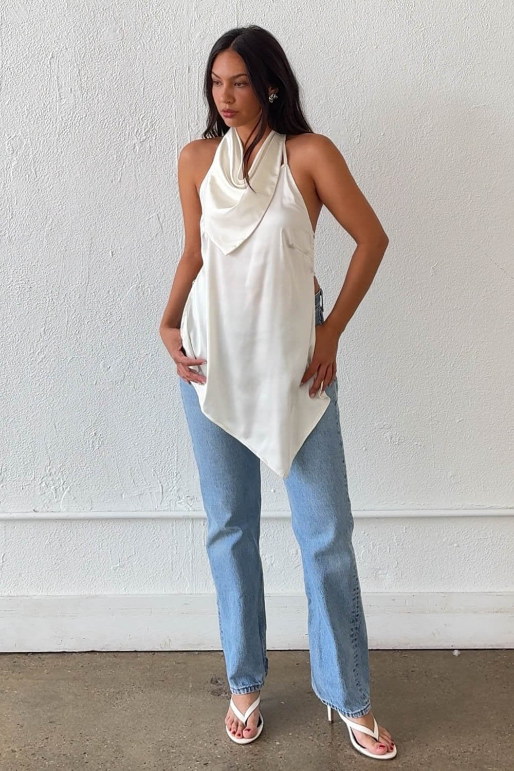 Satin Halter Asymmetric Hem Top W/ Scarf