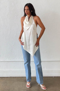 Satin Halter Asymmetric Hem Top W/ Scarf