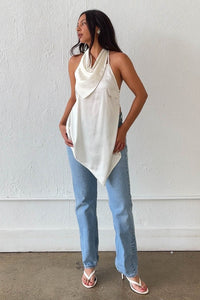 Satin Halter Asymmetric Hem Top W/ Scarf