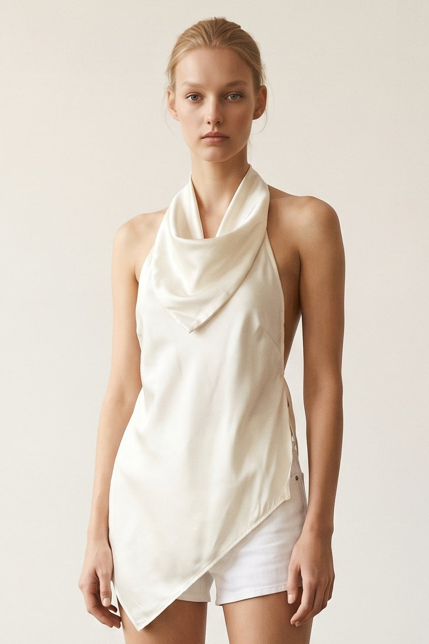 Satin Halter Asymmetric Hem Top W/ Scarf