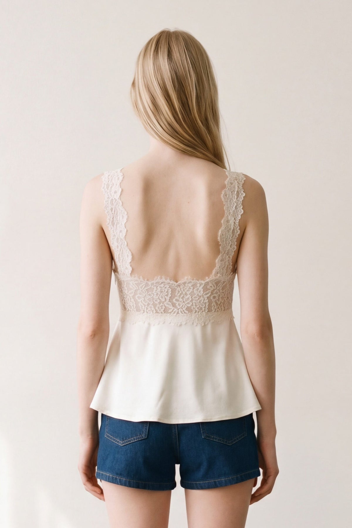 Deep V-Neck Satin Cami Top with Scalloped Lace Trim