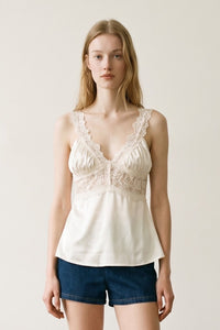 Deep V-Neck Satin Cami Top with Scalloped Lace Trim