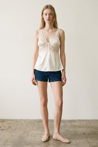 Deep V-Neck Satin Cami Top with Scalloped Lace Trim