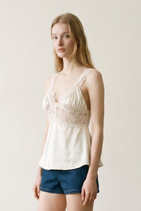 Deep V-Neck Satin Cami Top with Scalloped Lace Trim