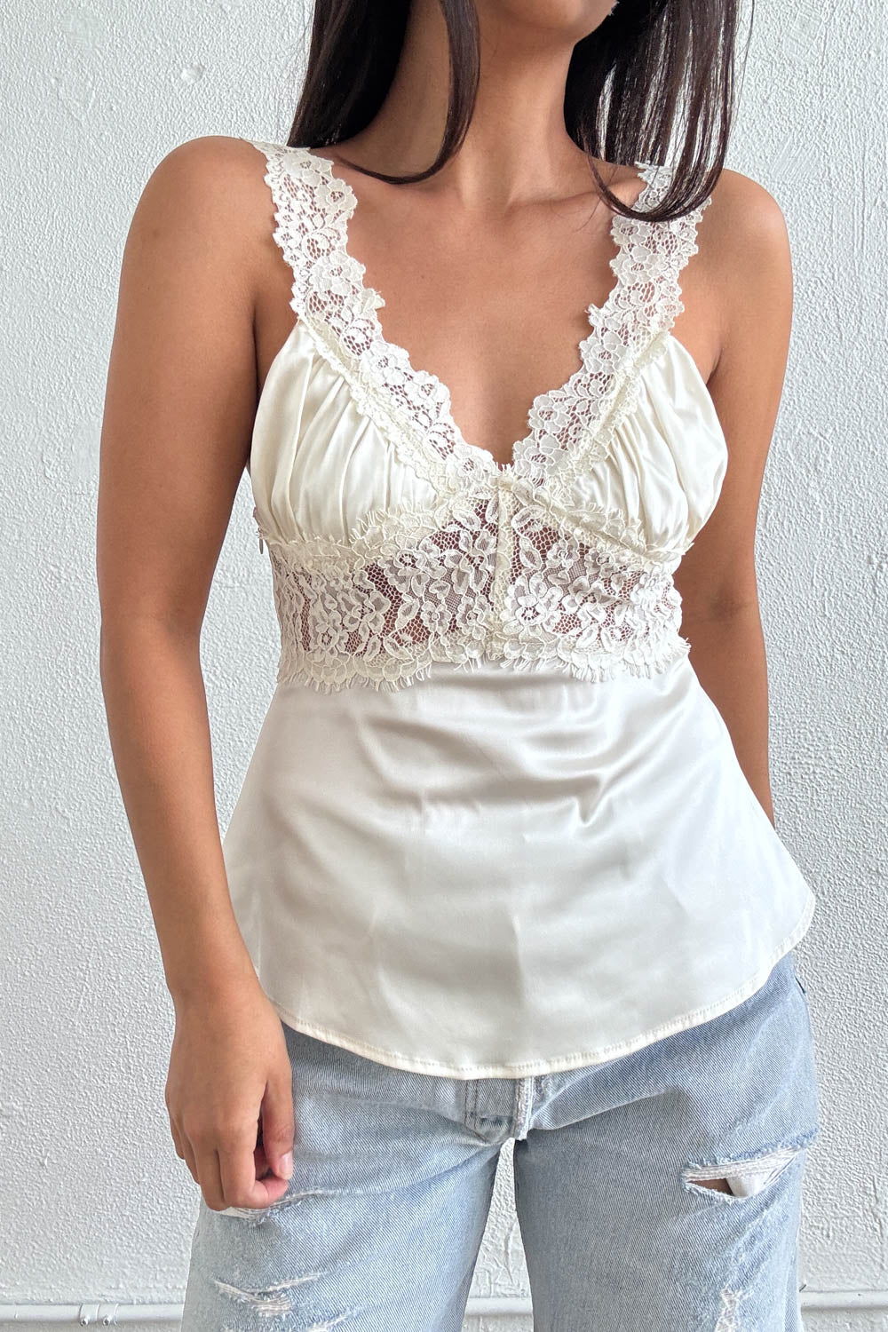 Deep V-Neck Satin Cami Top with Scalloped Lace Trim