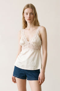 Deep V-Neck Satin Cami Top with Scalloped Lace Trim