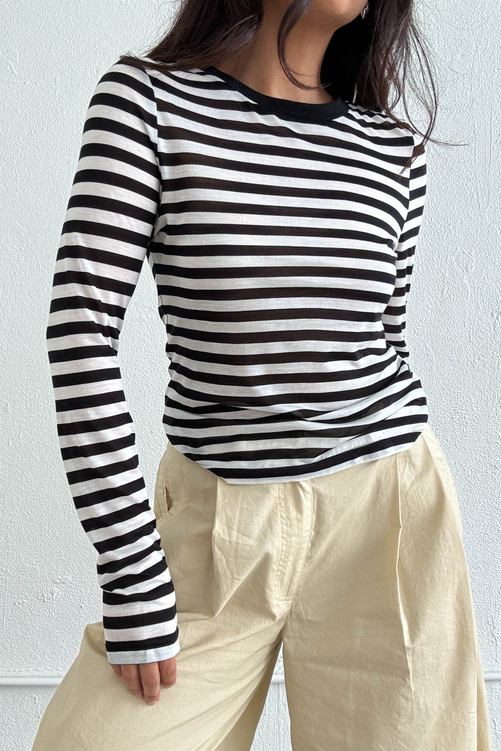 Stripe Print Sheer Long Sleeve Fitted Top