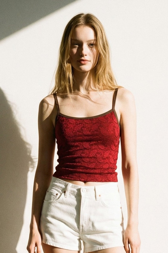 Jacquard Floral Lace Trim Cami Top