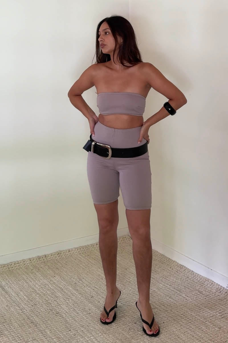 Terry Bandeau Top And Biker Shorts Set