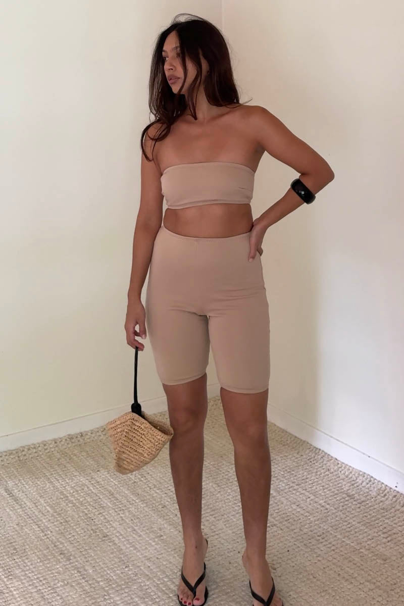 Terry Bandeau Top And Biker Shorts Set