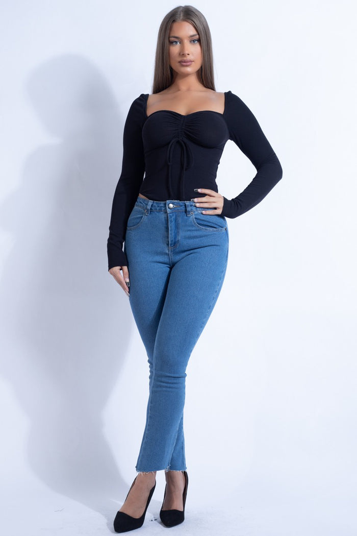 Knit Front Tie Ruched Bodysuit
