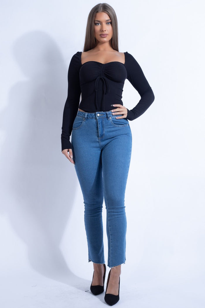 Knit Front Tie Ruched Bodysuit