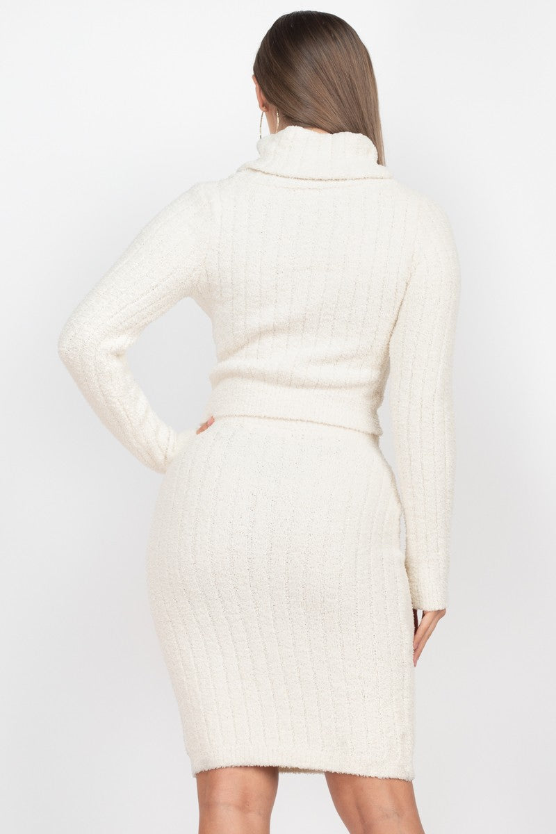 Cream Turtleneck Knit Top and Midi Skirt Set