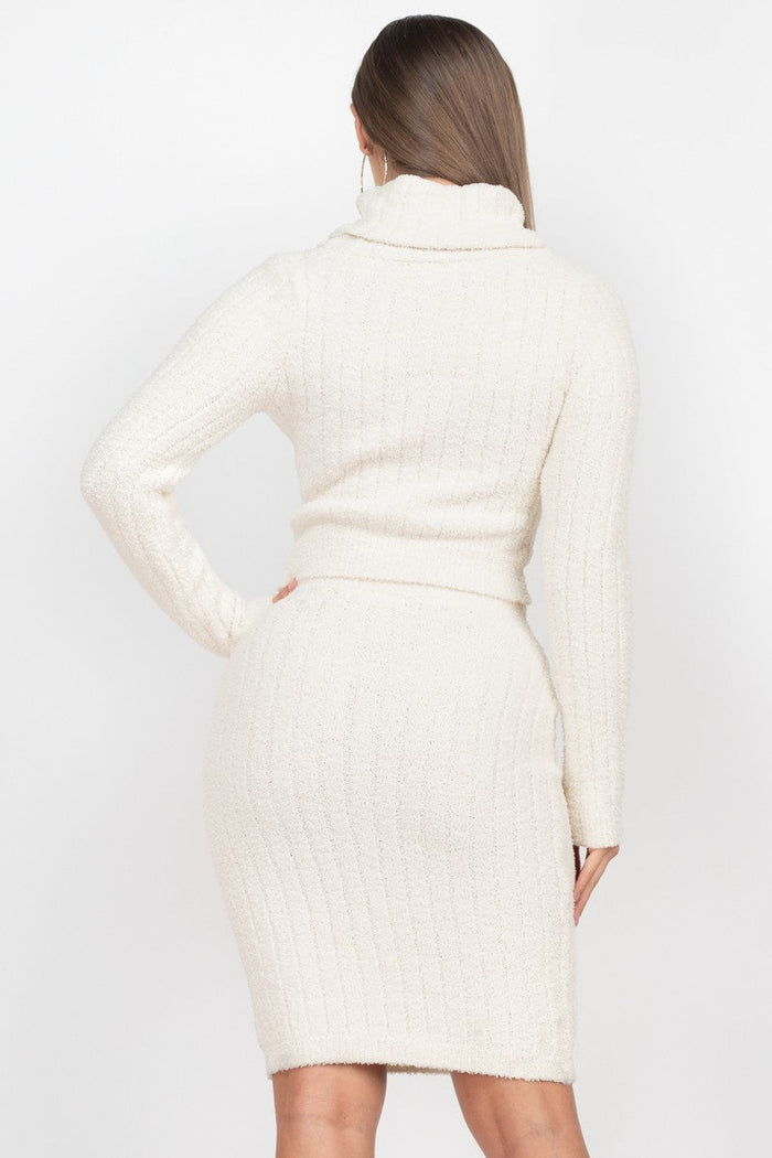 Cream Turtleneck Knit Top and Midi Skirt Set