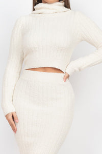 Cream Turtleneck Knit Top and Midi Skirt Set