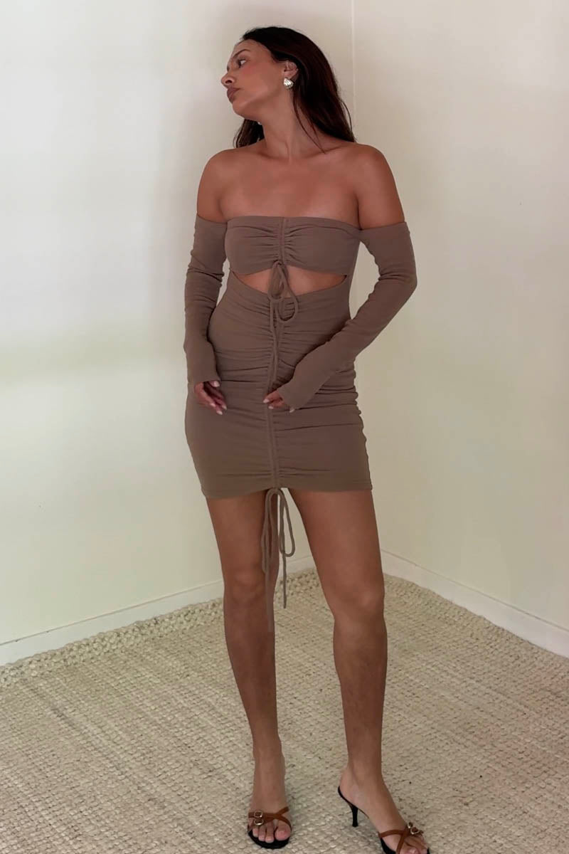 Knit Off Shoulder Ruched Dress