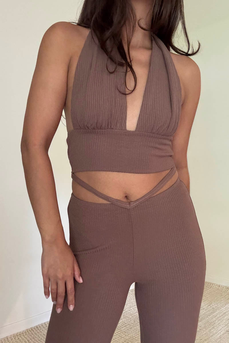 Knit Halter Tie Top And Pants Set
