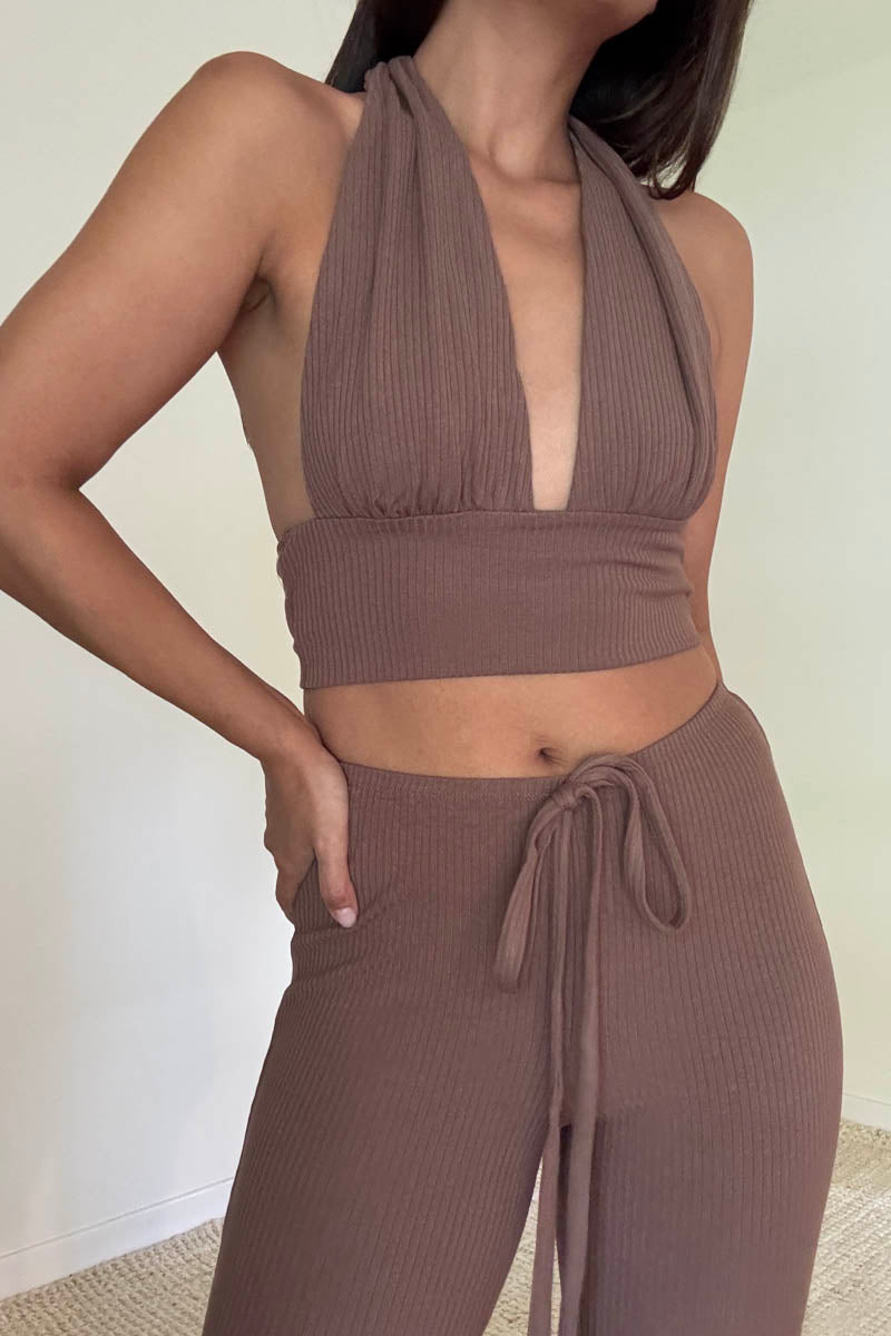 Knit Halter Tie Top And Pants Set