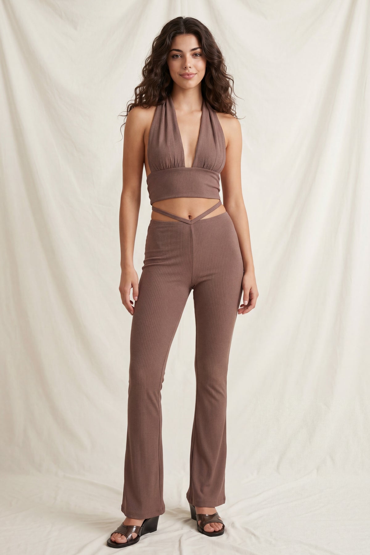 Knit Halter Tie Top And Pants Set
