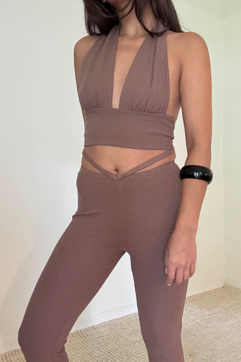 Knit Halter Tie Top And Pants Set