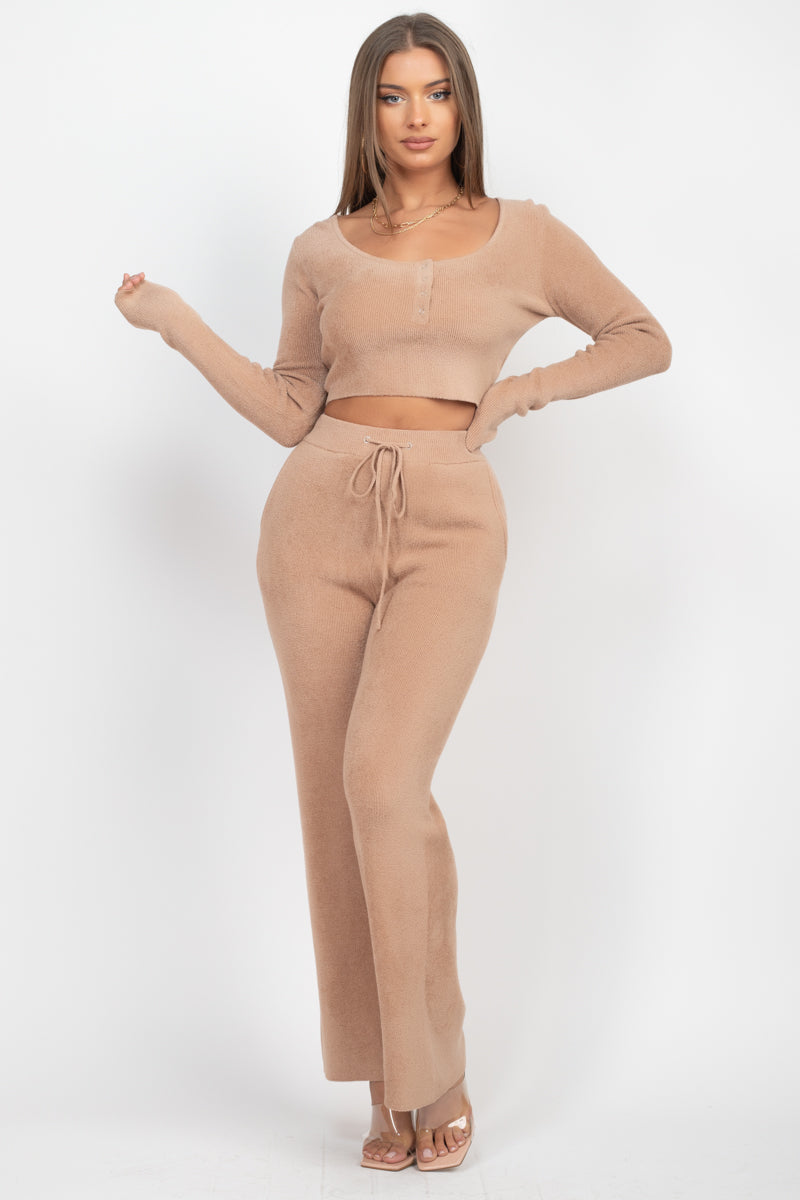 Soft Knit Crop Top Wide Leg Pants Set