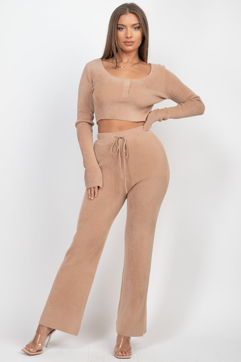 Soft Knit Crop Top Wide Leg Pants Set