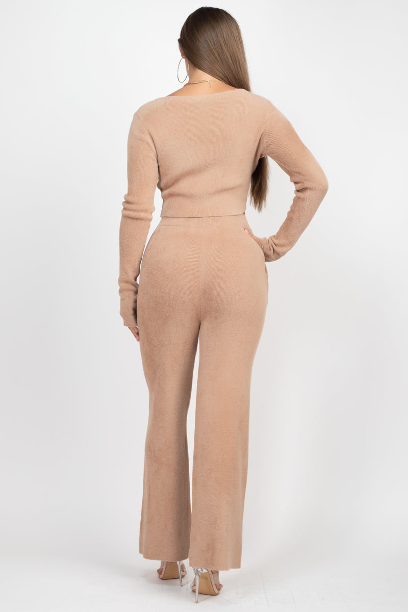 Soft Knit Crop Top Wide Leg Pants Set