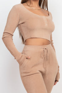 Soft Knit Crop Top Wide Leg Pants Set