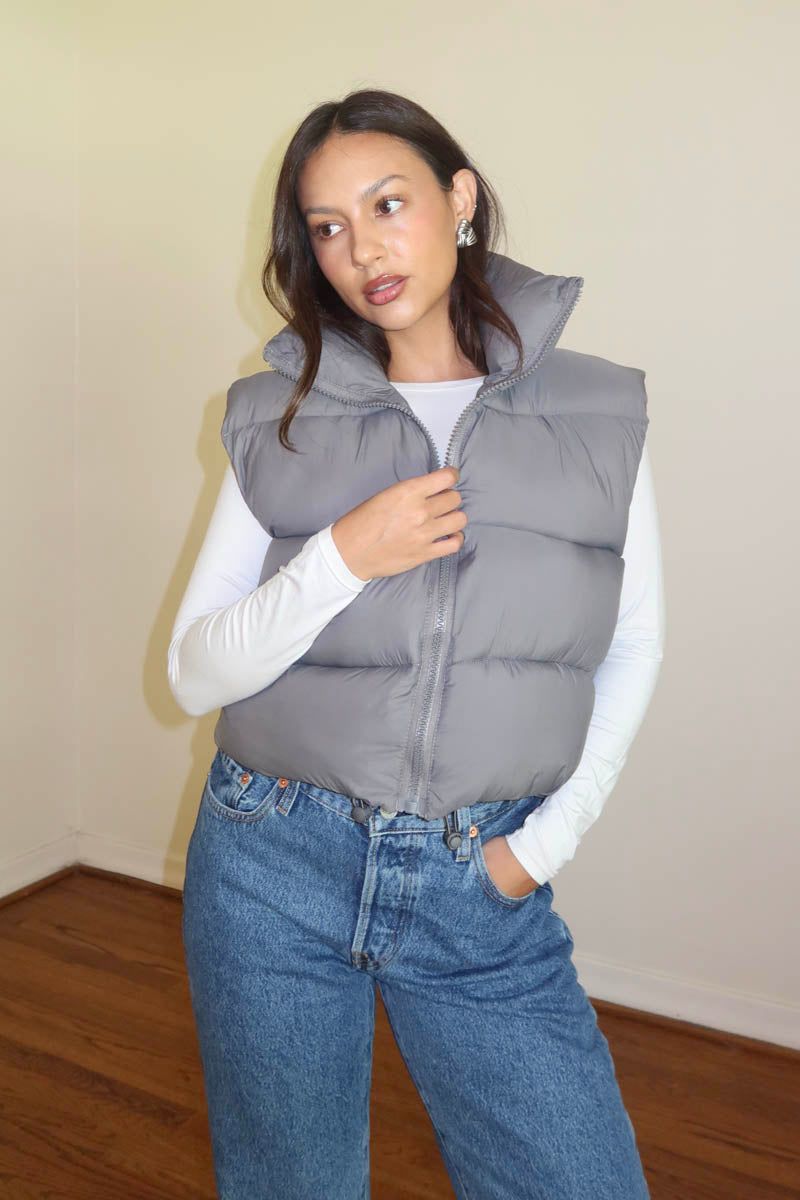 PU Puffer Cropped Vest Jacket