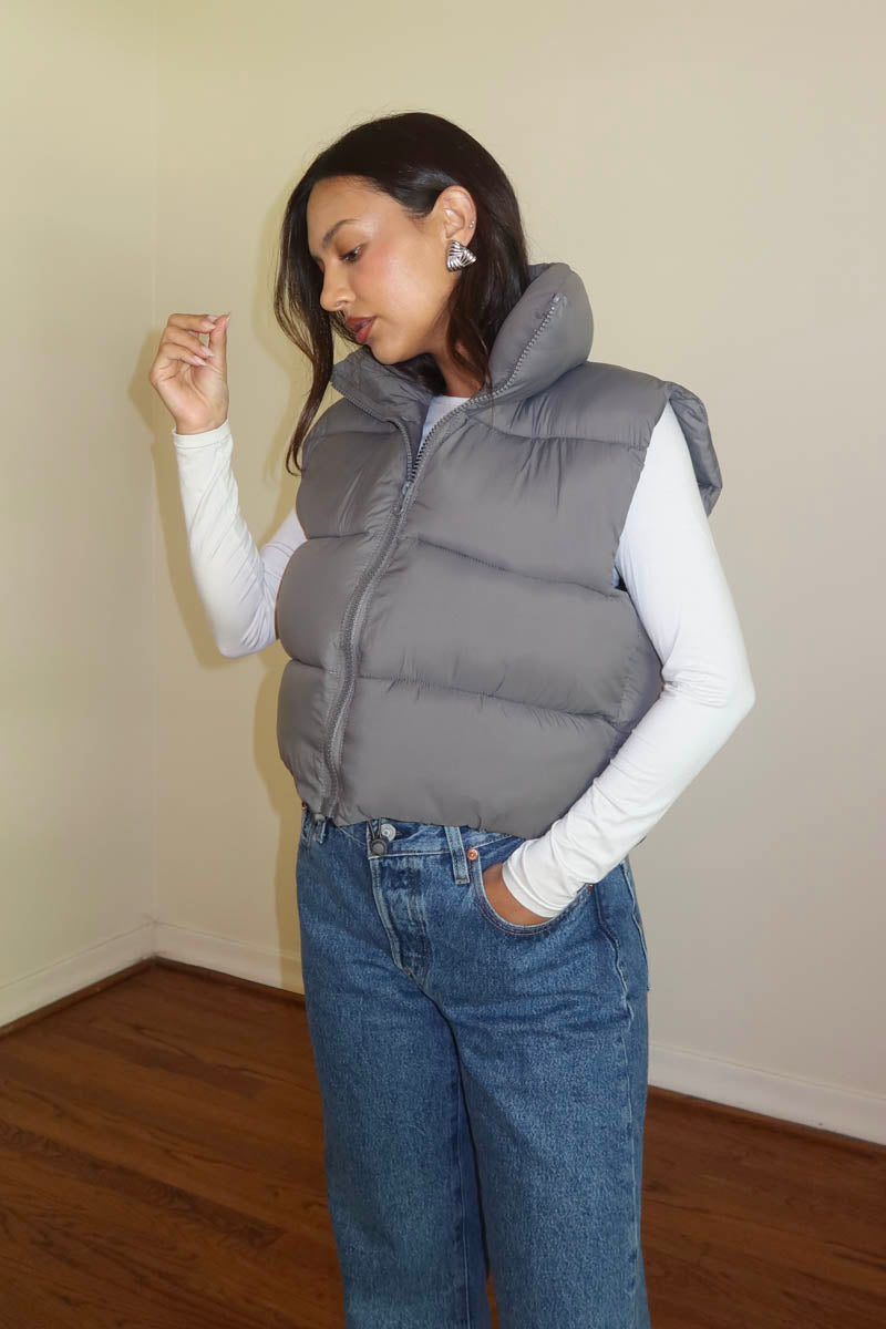 PU Puffer Cropped Vest Jacket