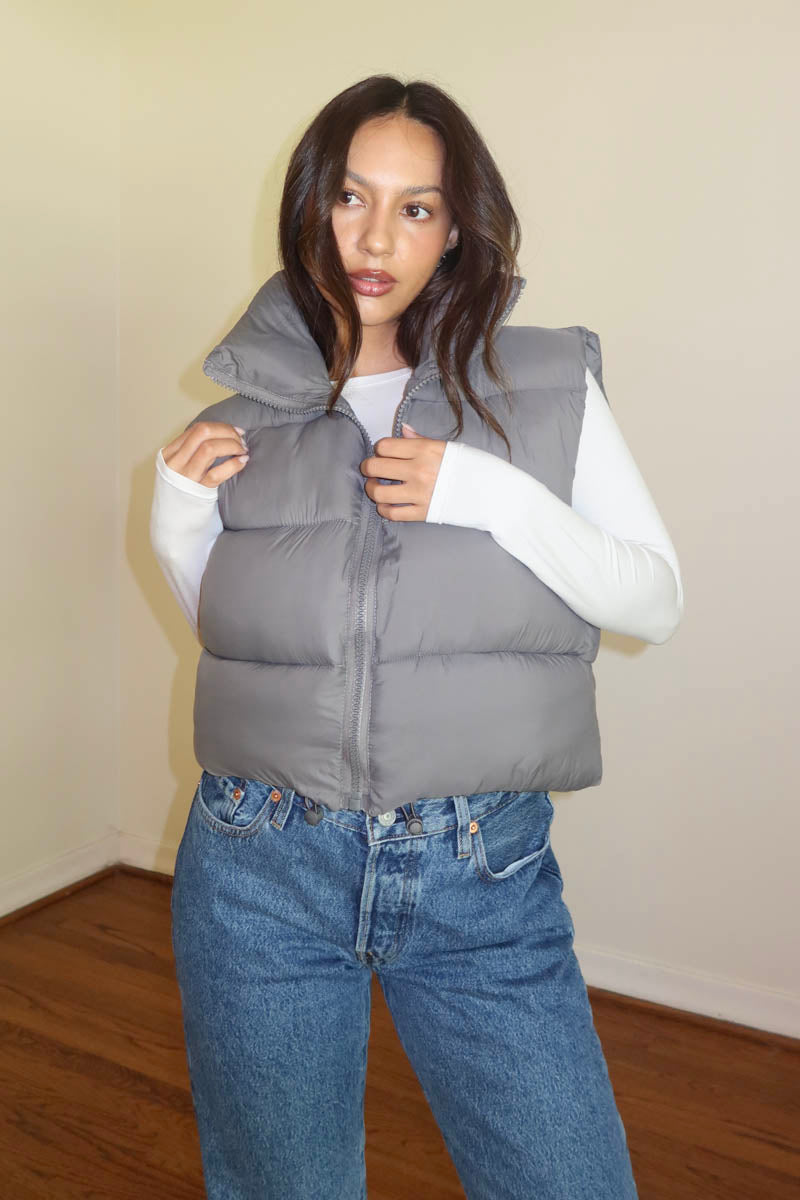 PU Puffer Cropped Vest Jacket