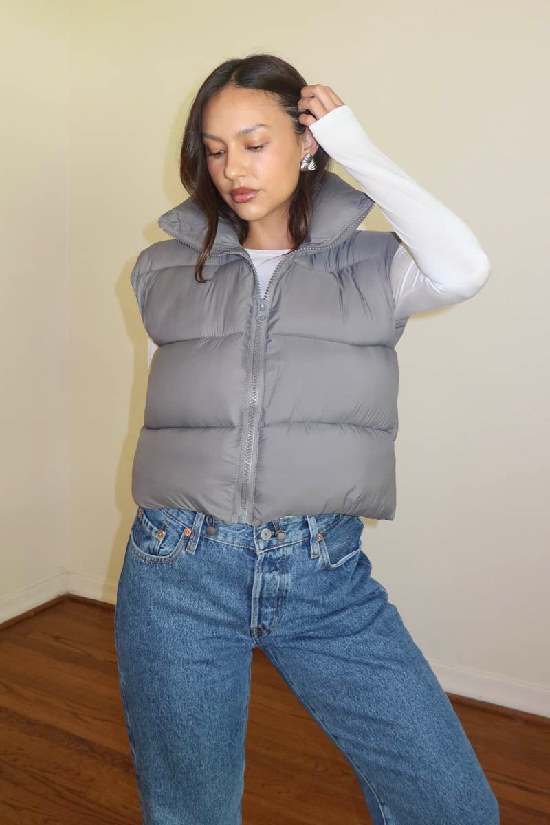 PU Puffer Cropped Vest Jacket