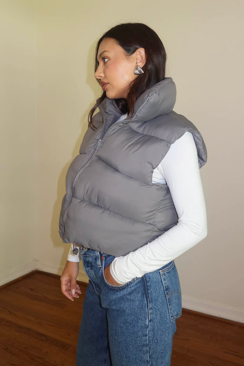 PU Puffer Cropped Vest Jacket