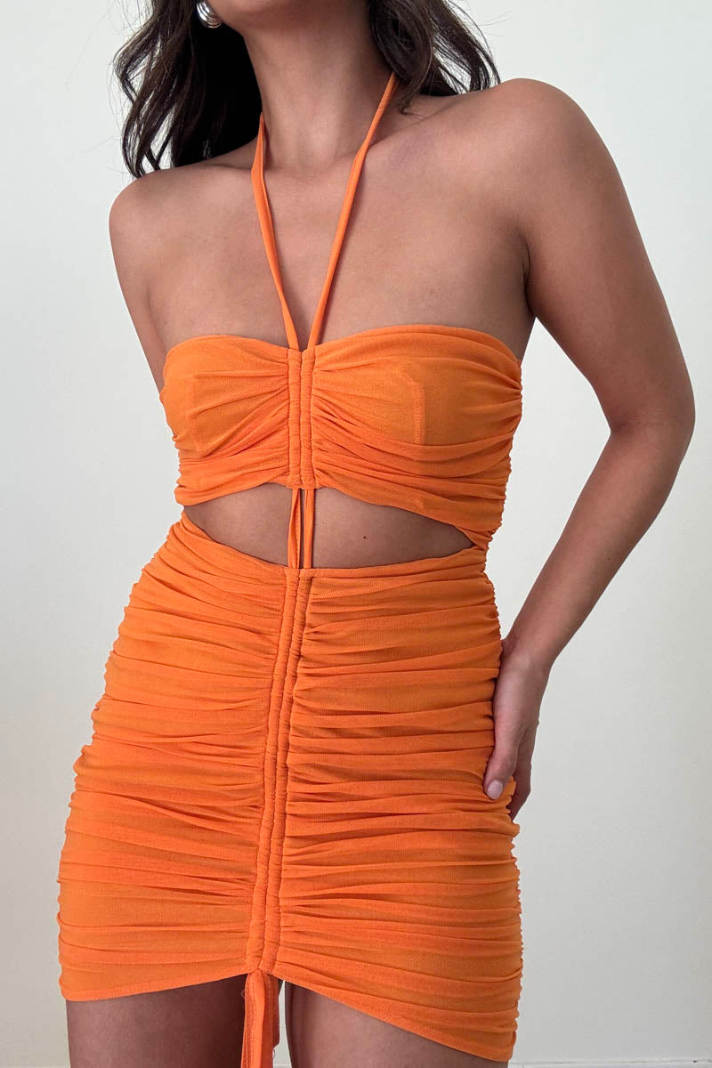 Mesh Ruched Halterneck Mini Dress
