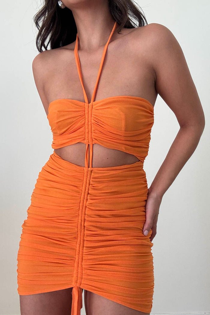 Mesh Ruched Halterneck Mini Dress