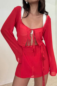 Sheer Tie Crop Top Wrap Mini Skirt Set