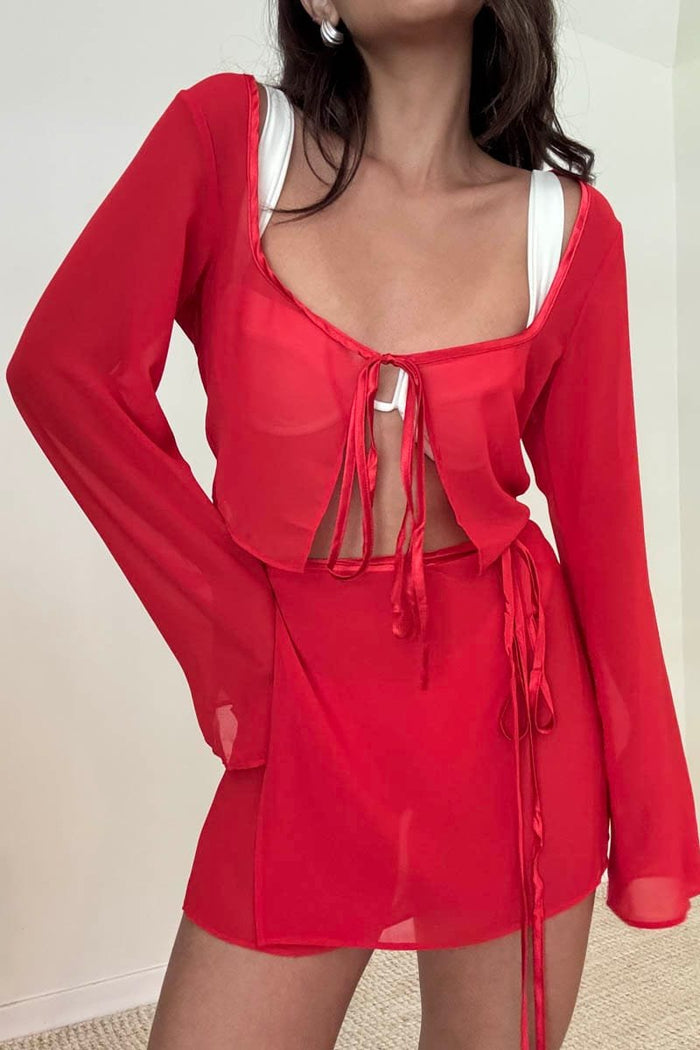 Sheer Tie Crop Top Wrap Mini Skirt Set