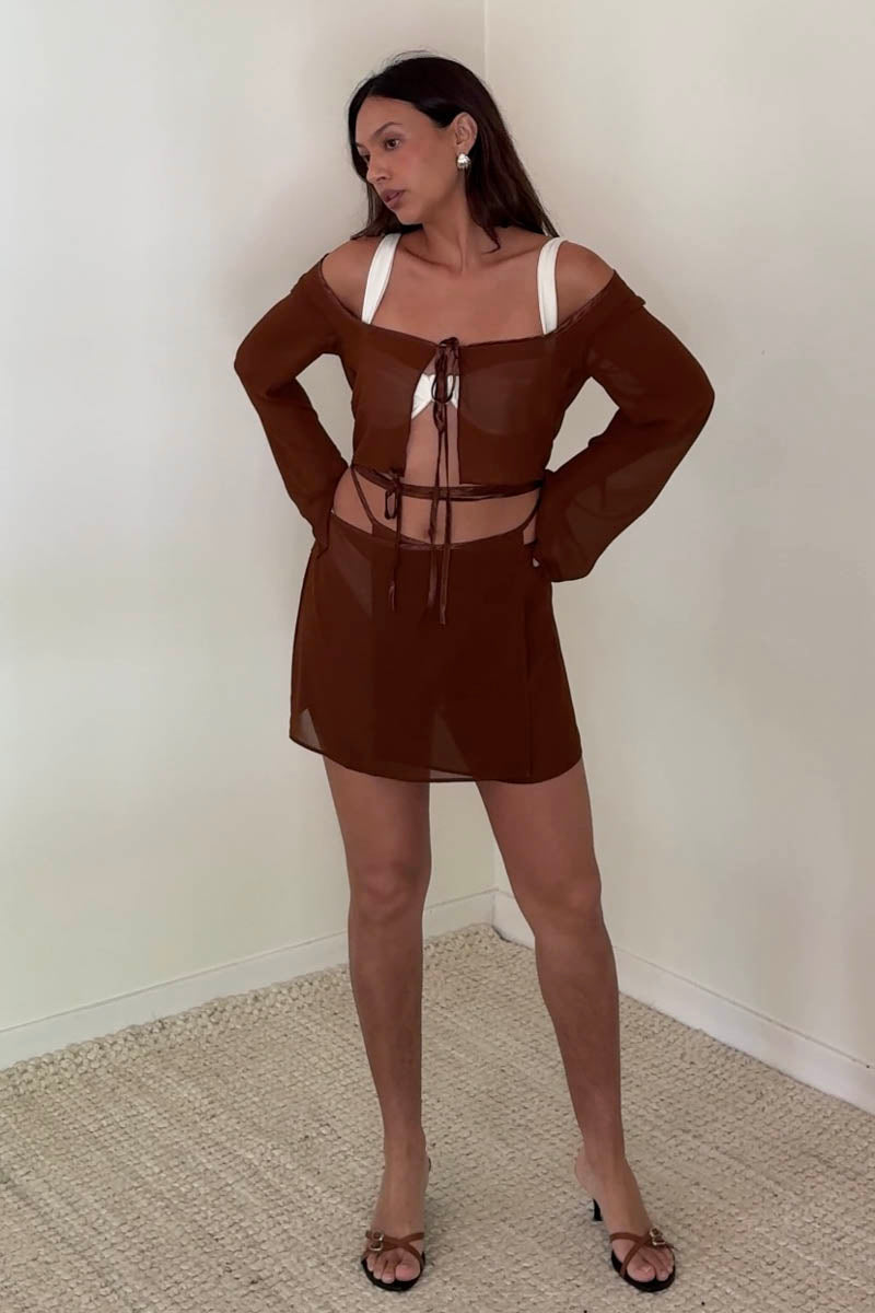 Sheer Tie Crop Top Wrap Mini Skirt Set