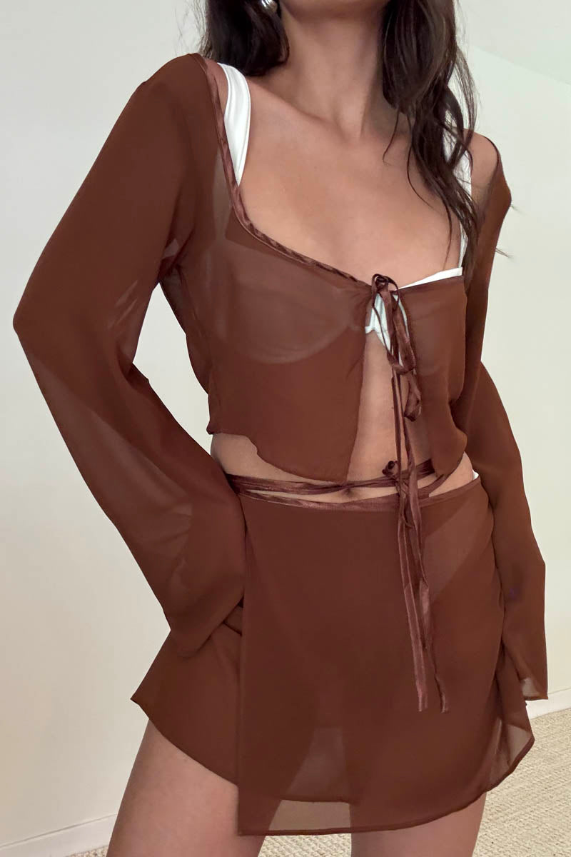 Sheer Tie Crop Top Wrap Mini Skirt Set