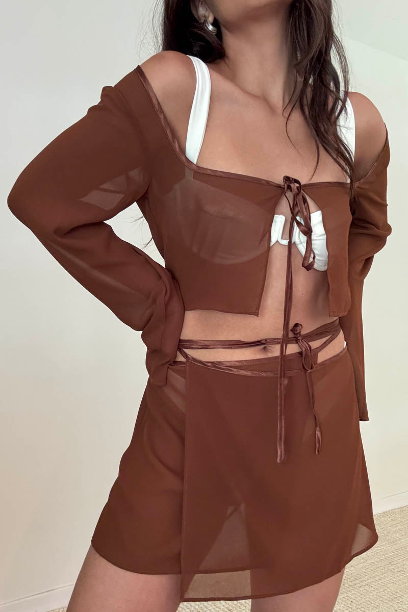 Sheer Tie Crop Top Wrap Mini Skirt Set