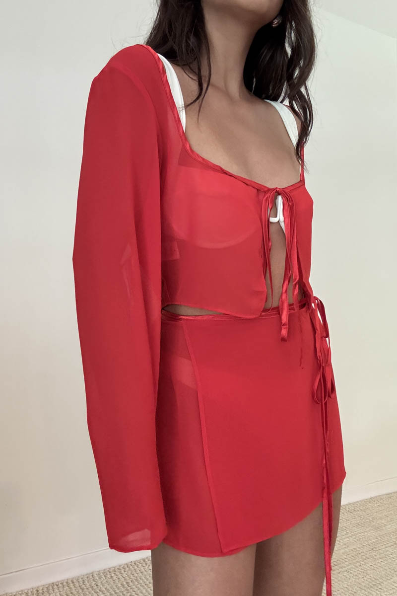 Sheer Tie Crop Top Wrap Mini Skirt Set